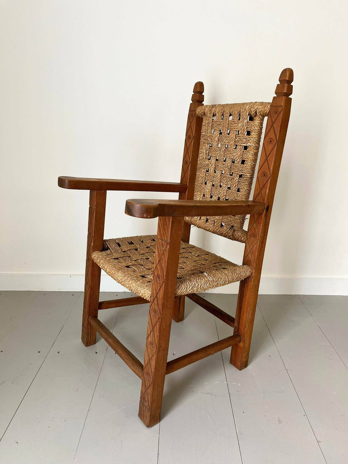 Carved Folk Art Mission Style Antique Children's Chair In Solid Wood With Rope Seat photo for sale