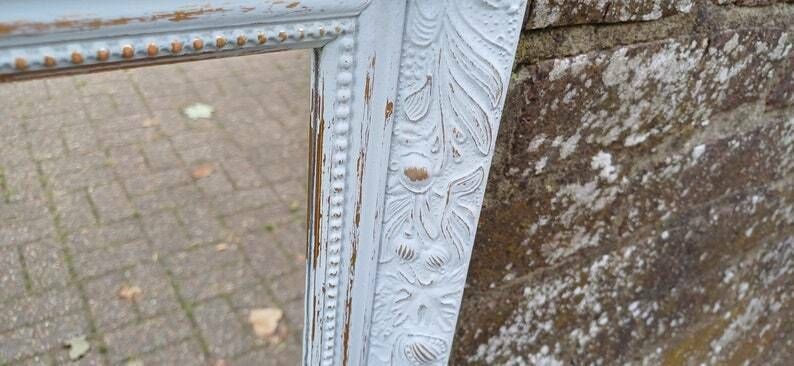 Small Ornate Painted Shabby Chic Mirror In Farrow And Ball Light Blue. Gold Highlights. photo for sale