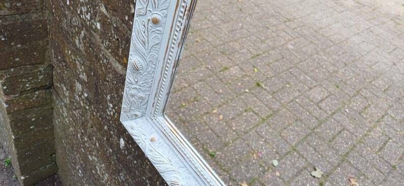 photo furniture Small Ornate Painted Shabby Chic Mirror In Farrow And Ball Light Blue. Gold Highlights.
