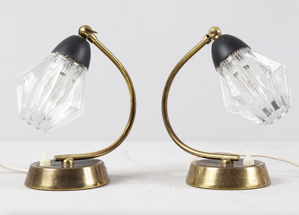 Set Of Two Mid Century Bedside Table Lamps With Original Glass Shades, C.1960 photo furniture