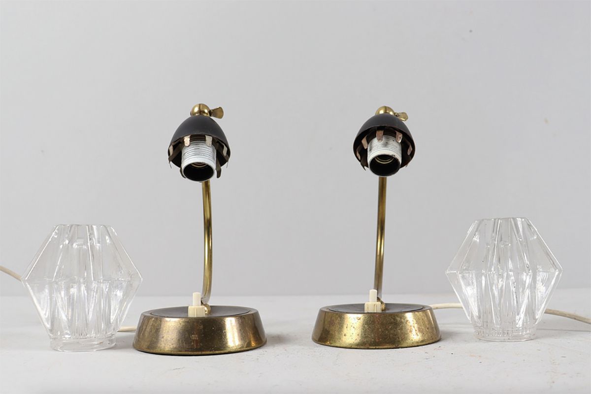 Set Of Two Mid Century Bedside Table Lamps With Original Glass Shades, C.1960 photo for sale