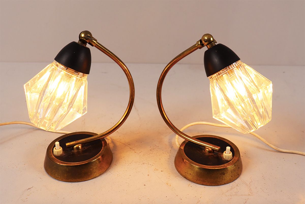 Set Of Two Mid Century Bedside Table Lamps With Original Glass Shades, C.1960 photo vintage