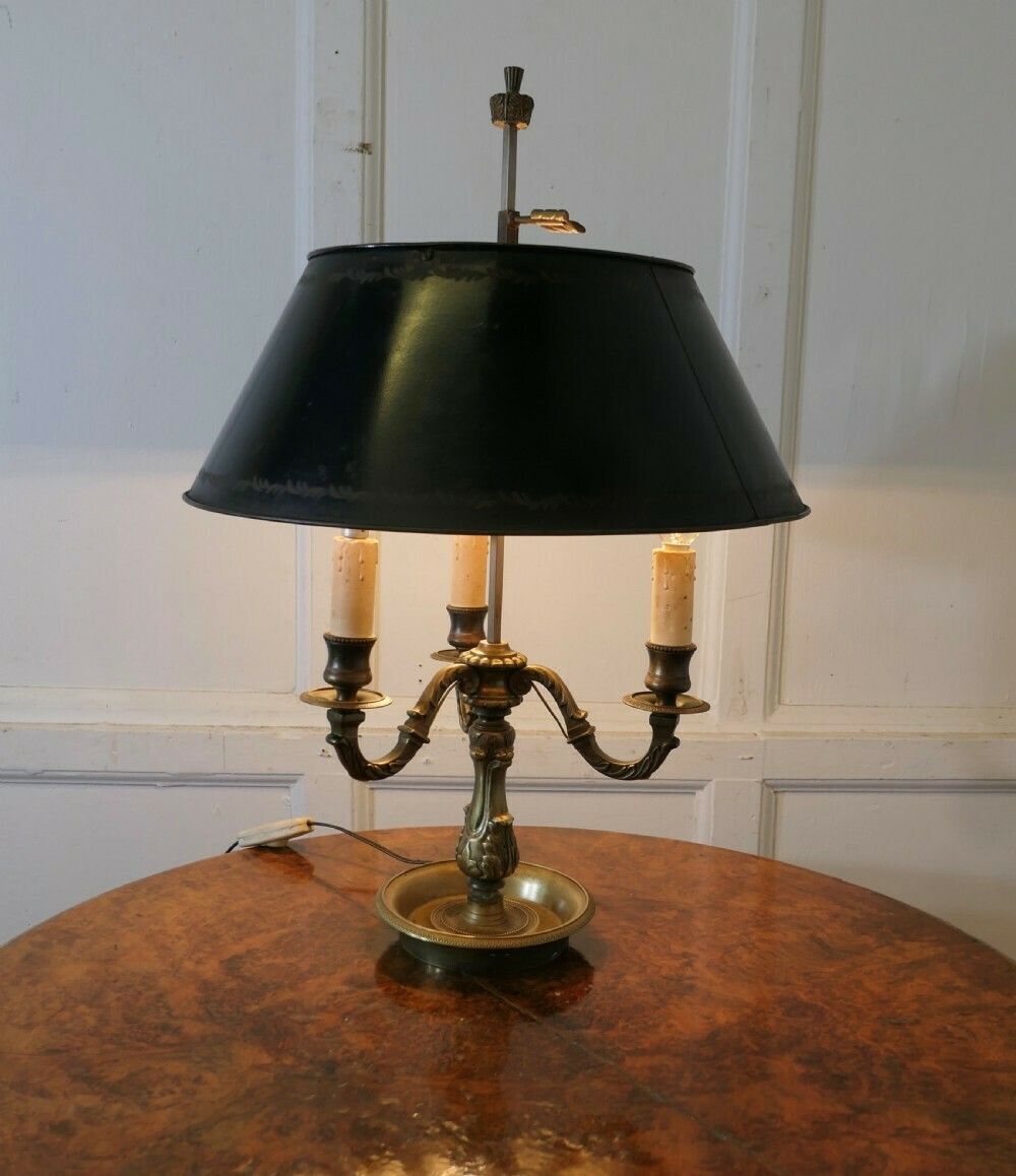 Green Toleware And Brass Triple Bouillotte Desk Lamp From France photo for sale