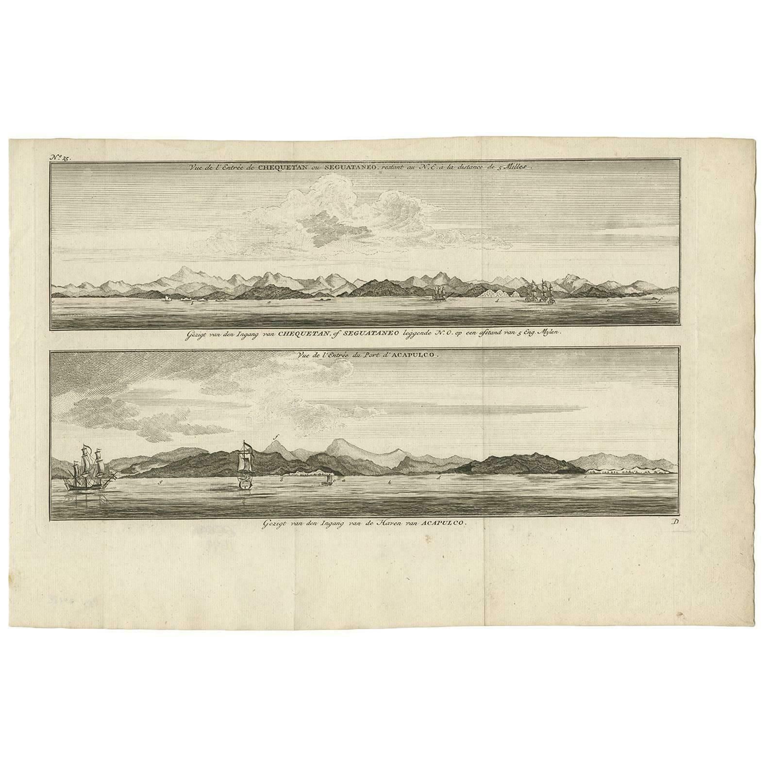 Antique Print Of Zihuatanejo And The Harbour Of Acapulco By Anson (C.1760)