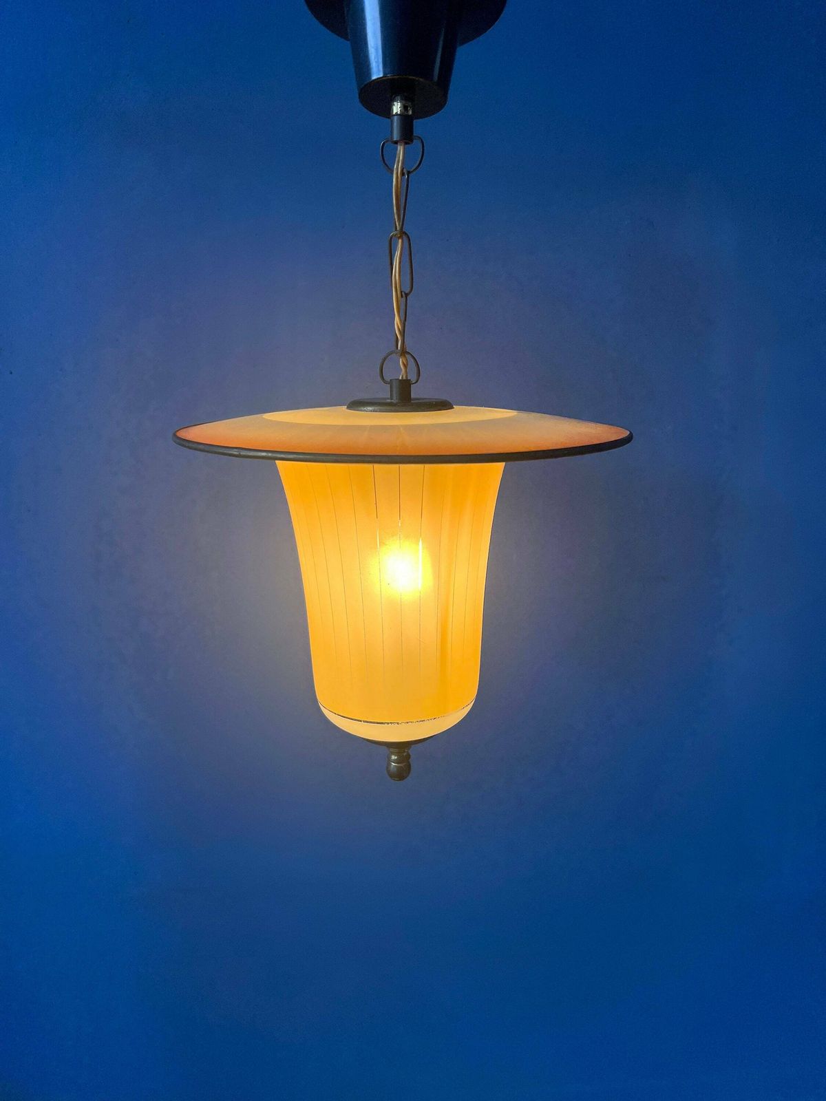 Vintage 50s Glass And Brass Lantern Pendant Lamp photo for sale