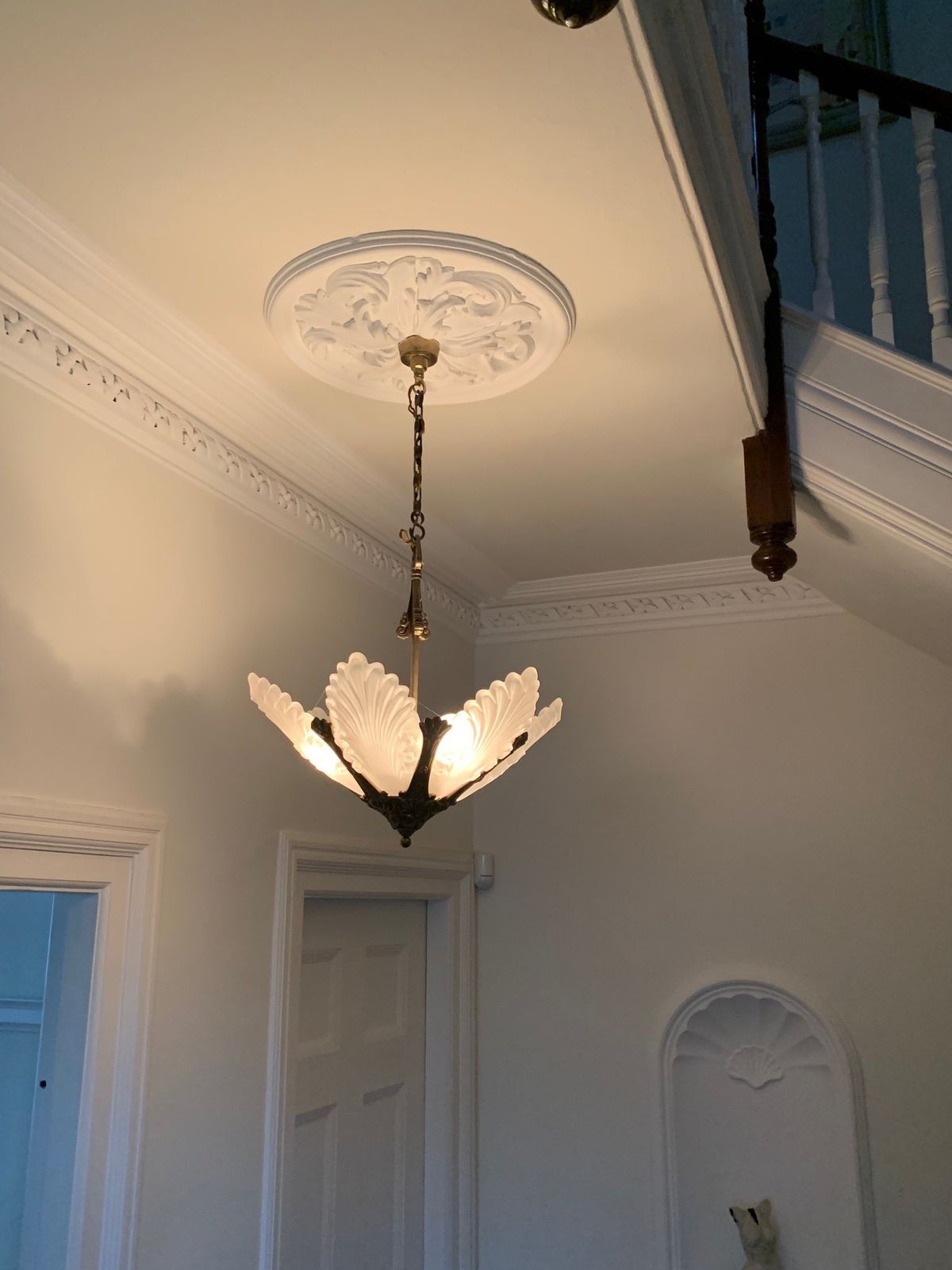 Pair Of Art Deco Chandeliers, With Brass Fittings And 6 X Cast Glass Shades In Each Chandelier, Plus 6 X Bulb Light Fittings In Each Light. Comes With Rose Fittings. photo Lighting