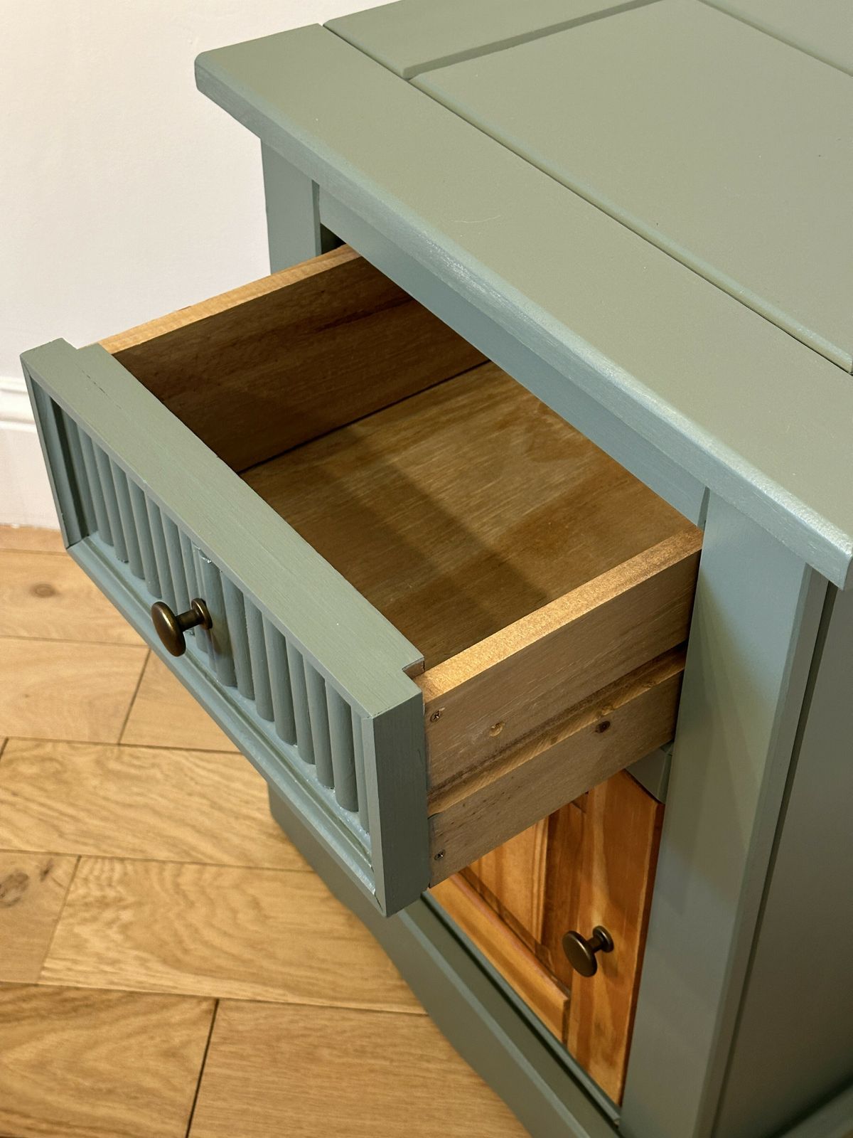 Hand Painted Upcycled Bedside Cabinet   Solid Wood In Green Smoke By Farrow And Ball photo 150.0