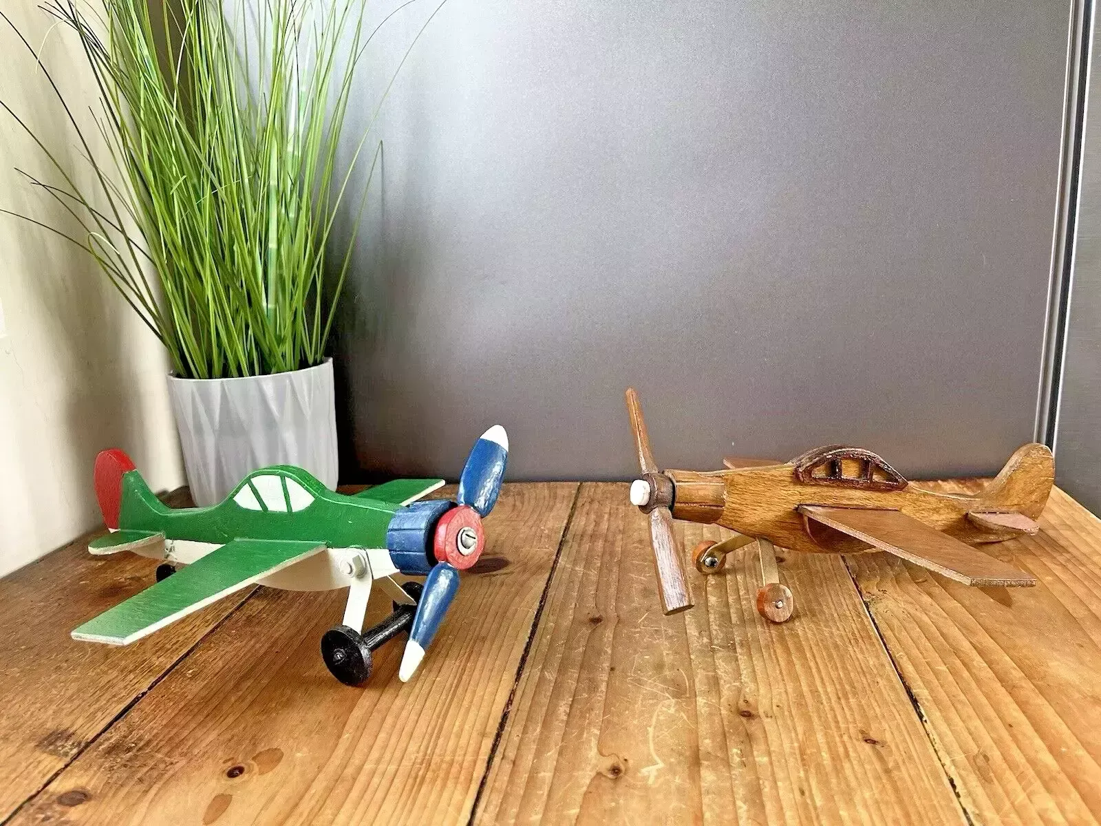 Pair Of / 2 Vintage Wooden Scratch Built Toy Model Fighter Planes Jets Aircrafts