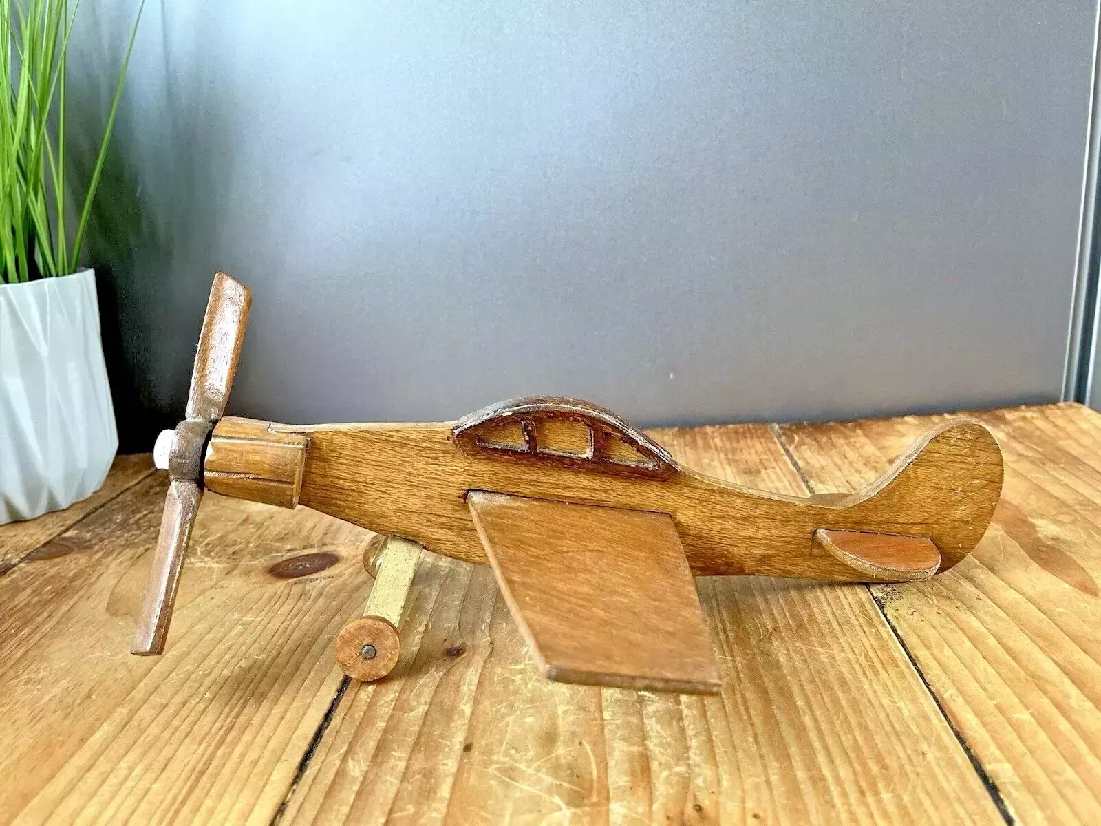 Pair Of / 2 Vintage Wooden Scratch Built Toy Model Fighter Planes Jets Aircrafts photo furniture