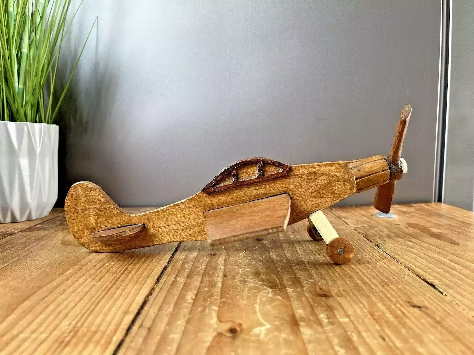 Pair Of / 2 Vintage Wooden Scratch Built Toy Model Fighter Planes Jets Aircrafts photo Home Decor