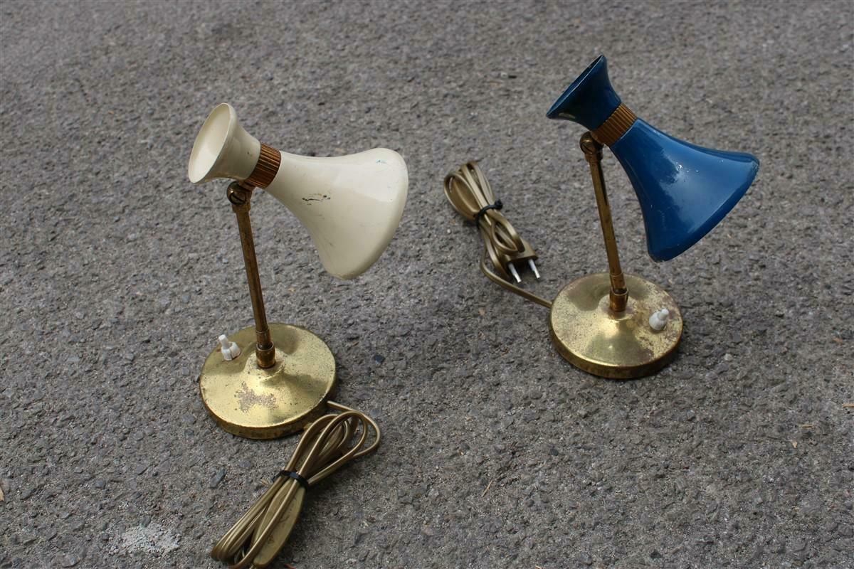 Pair Of Italian 1950 Table Lamps In Brass And Blue And Beige Enamelled Metal photo buy