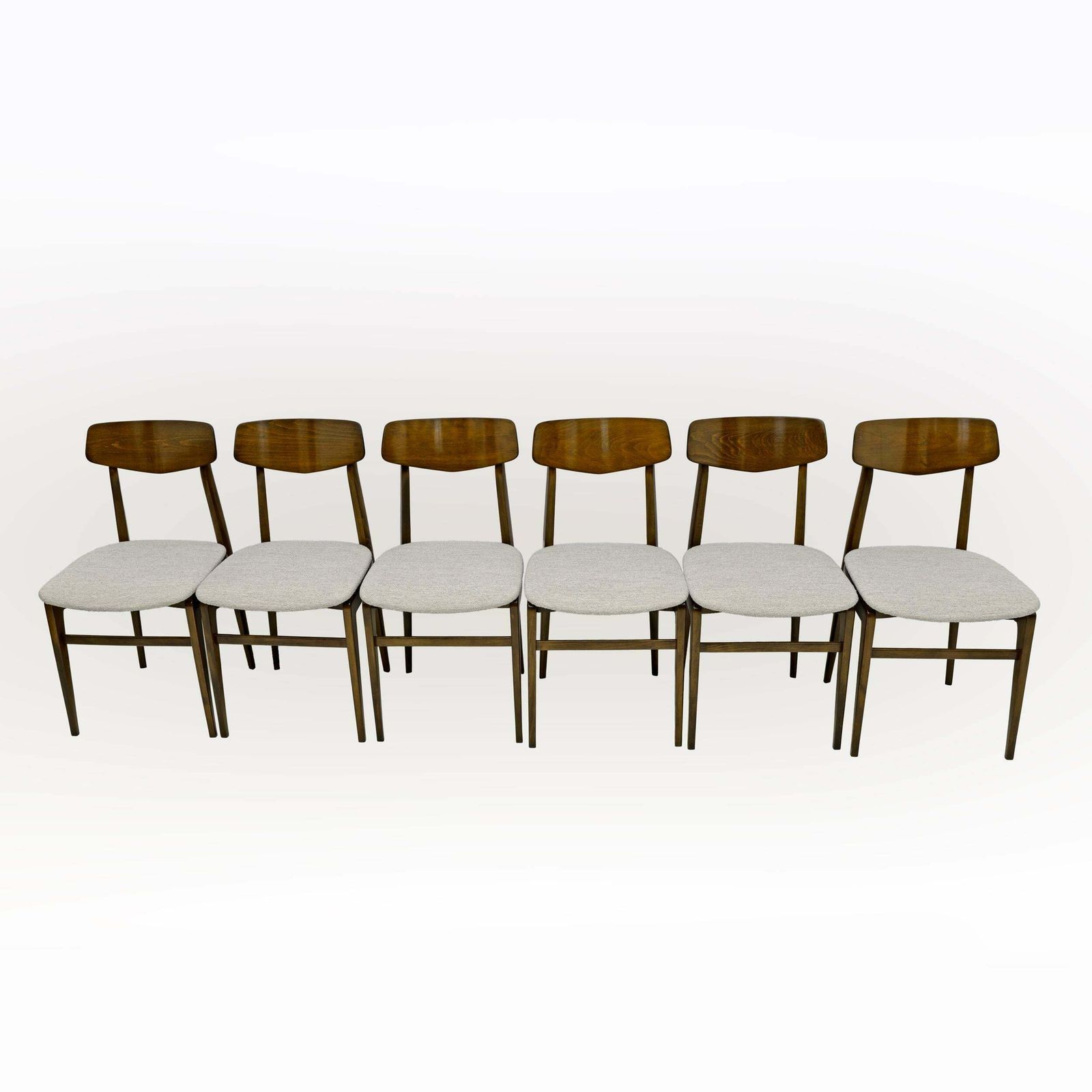 Set Of Six Walnut Stained Beech And Bouclè Fabric Dining Chairs, Denmark, 1960s photo for sale