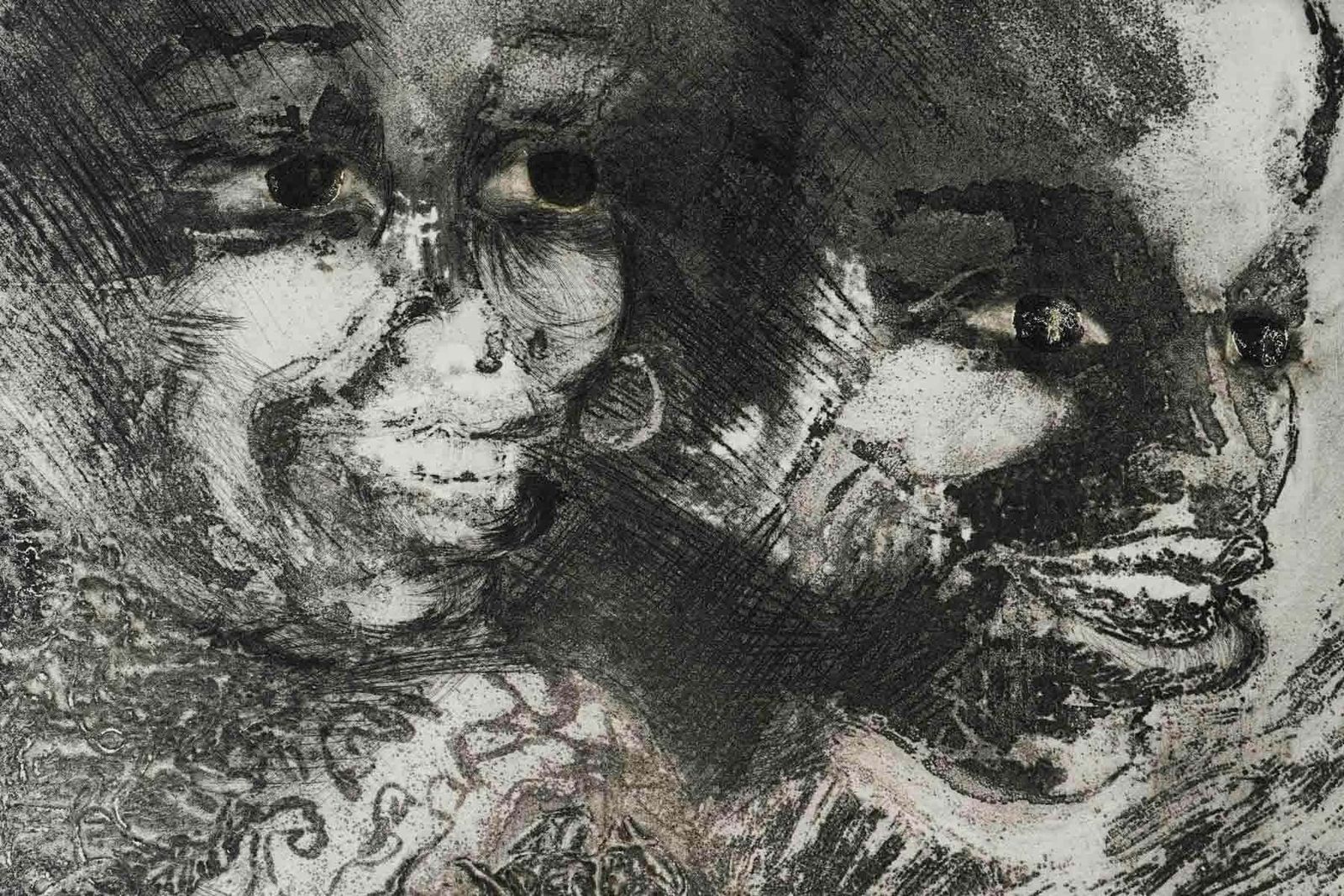 Drawing On Paper Representing African Faces Done In Black Ink, 20th Century. photo Art