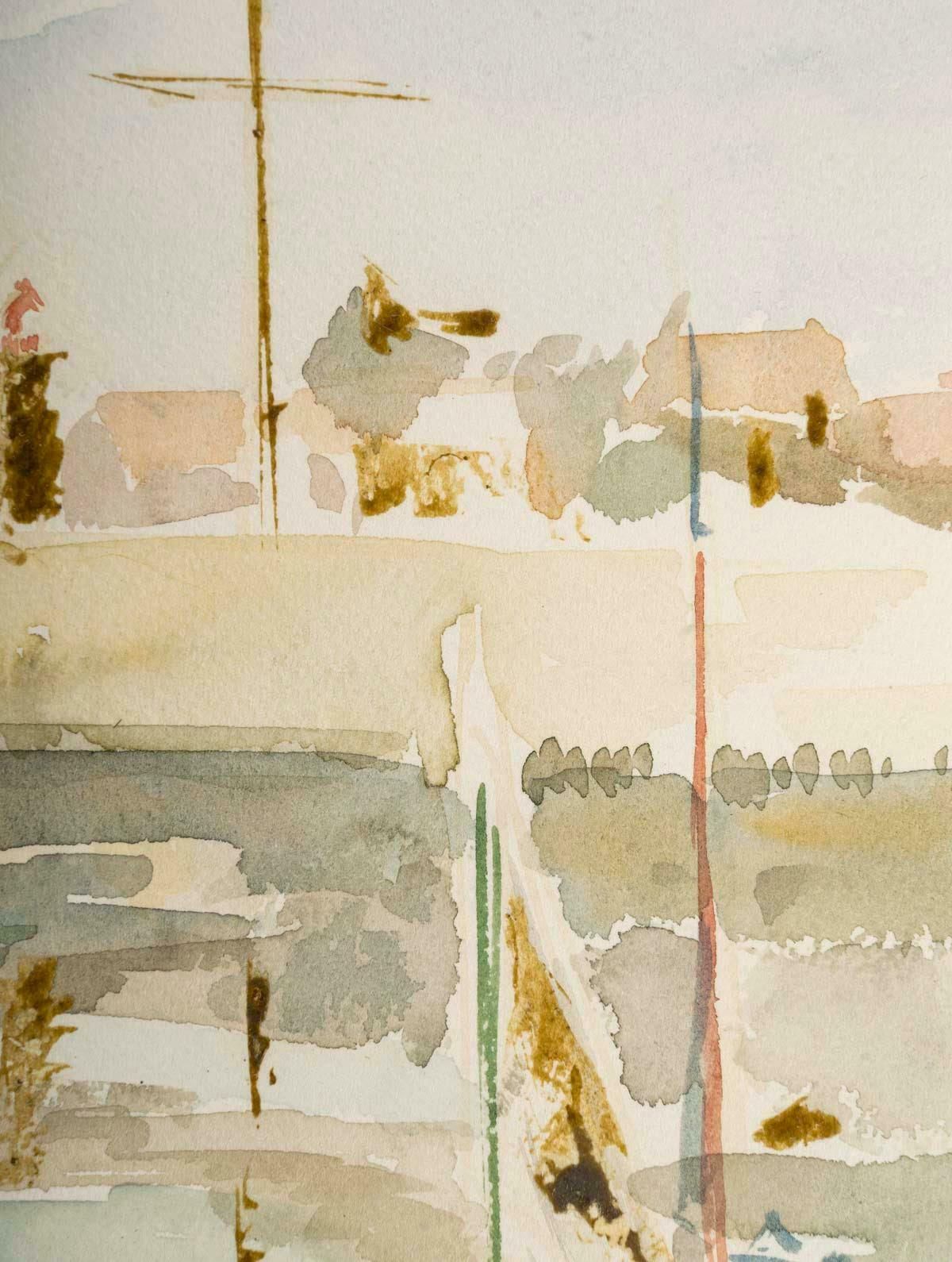 Watercolor On Paper Depicting A Port And Boats, 1950 60. photo for sale