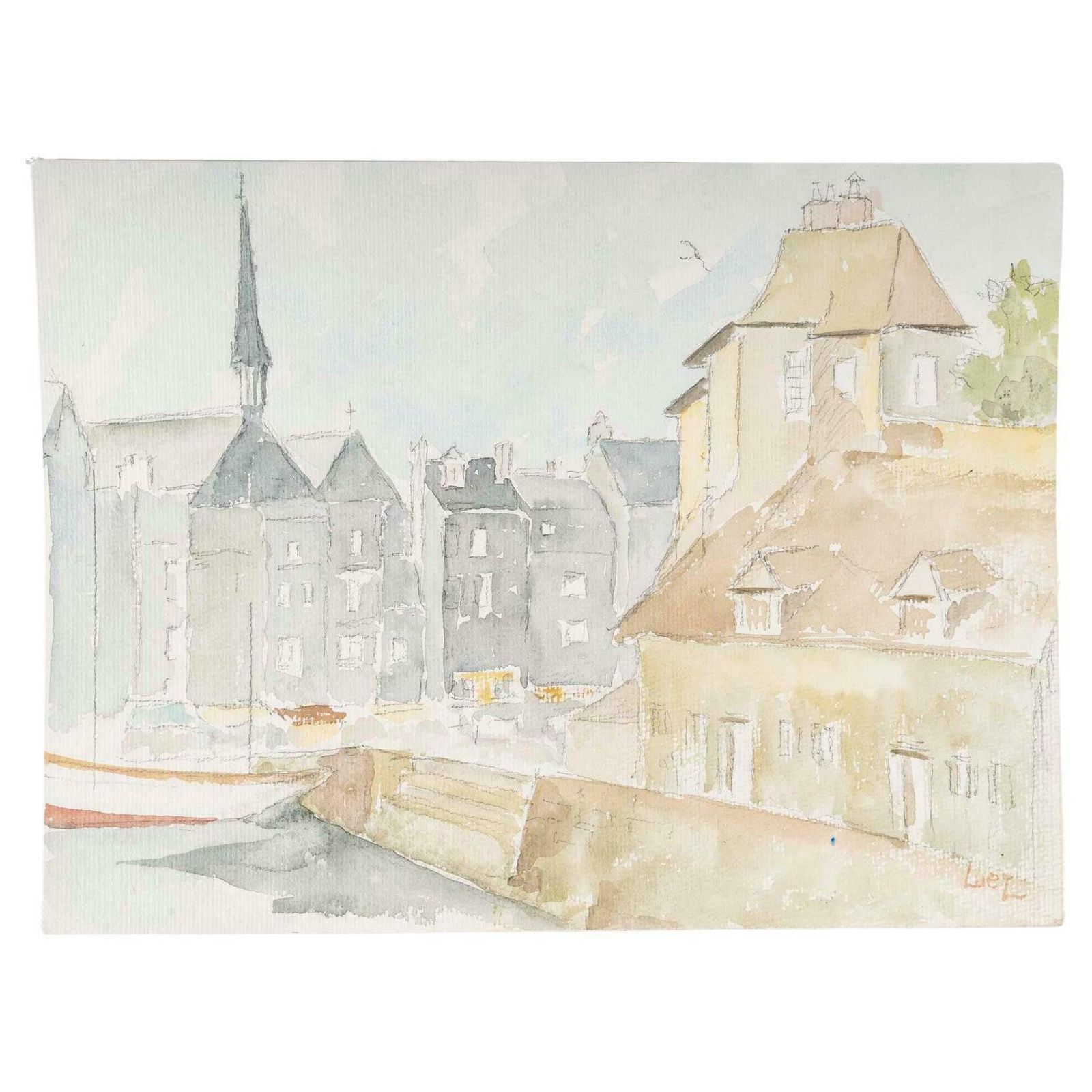 Watercolour On Paper Depicting A City And Its Canal, 1980.