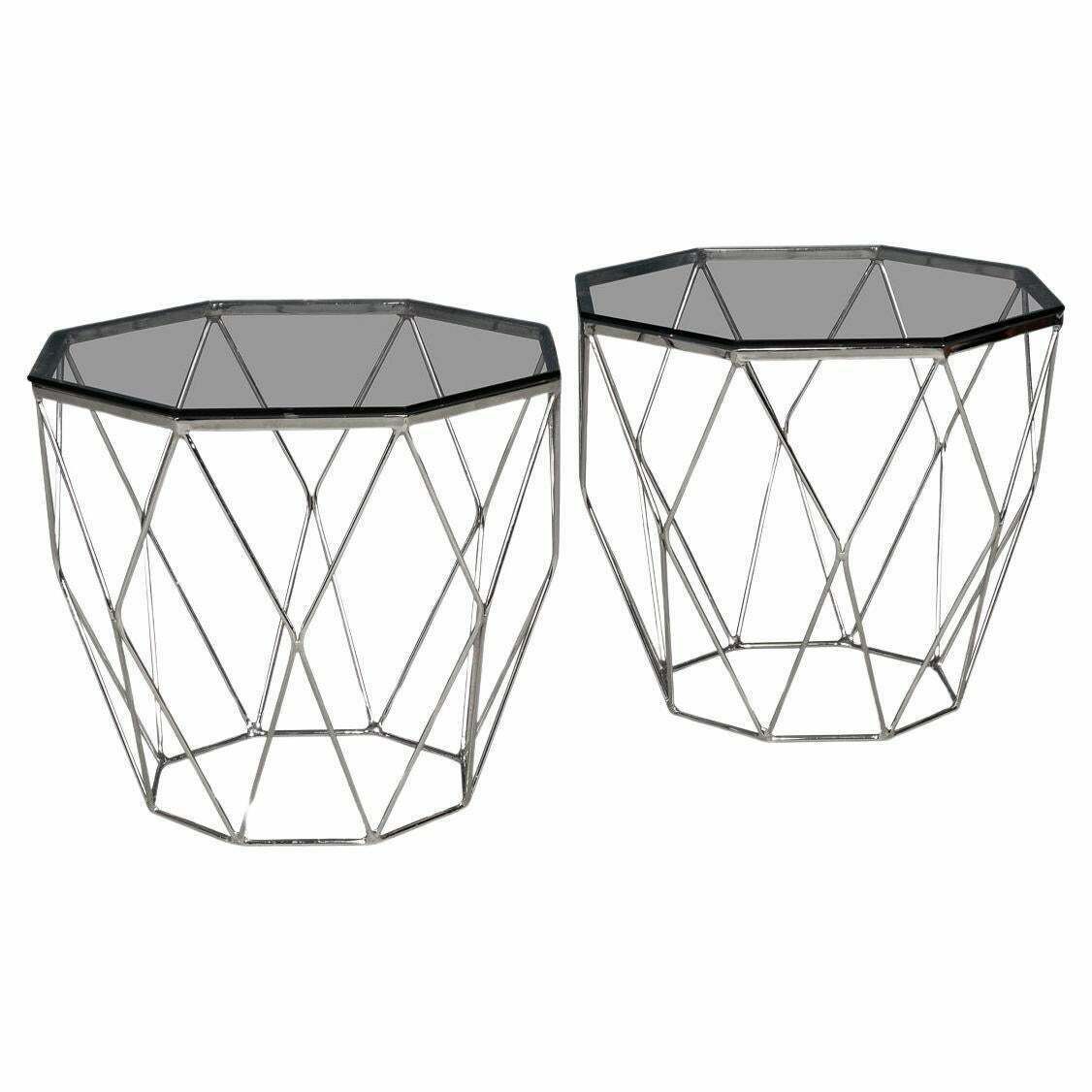 A Pair Of 20th Century English Chrome & Glass Octagonal Side Tables