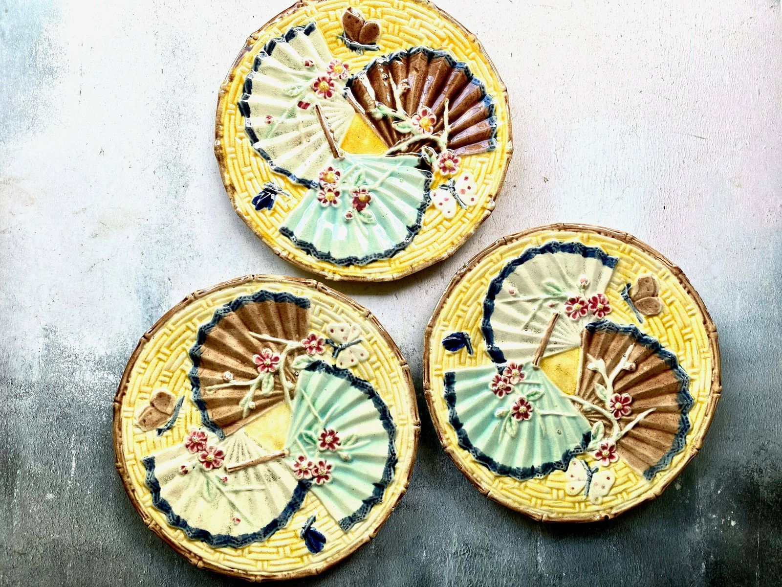 Trio Of Majolica Fans Butterflies Aesthetic Movement Plates Wedgwood