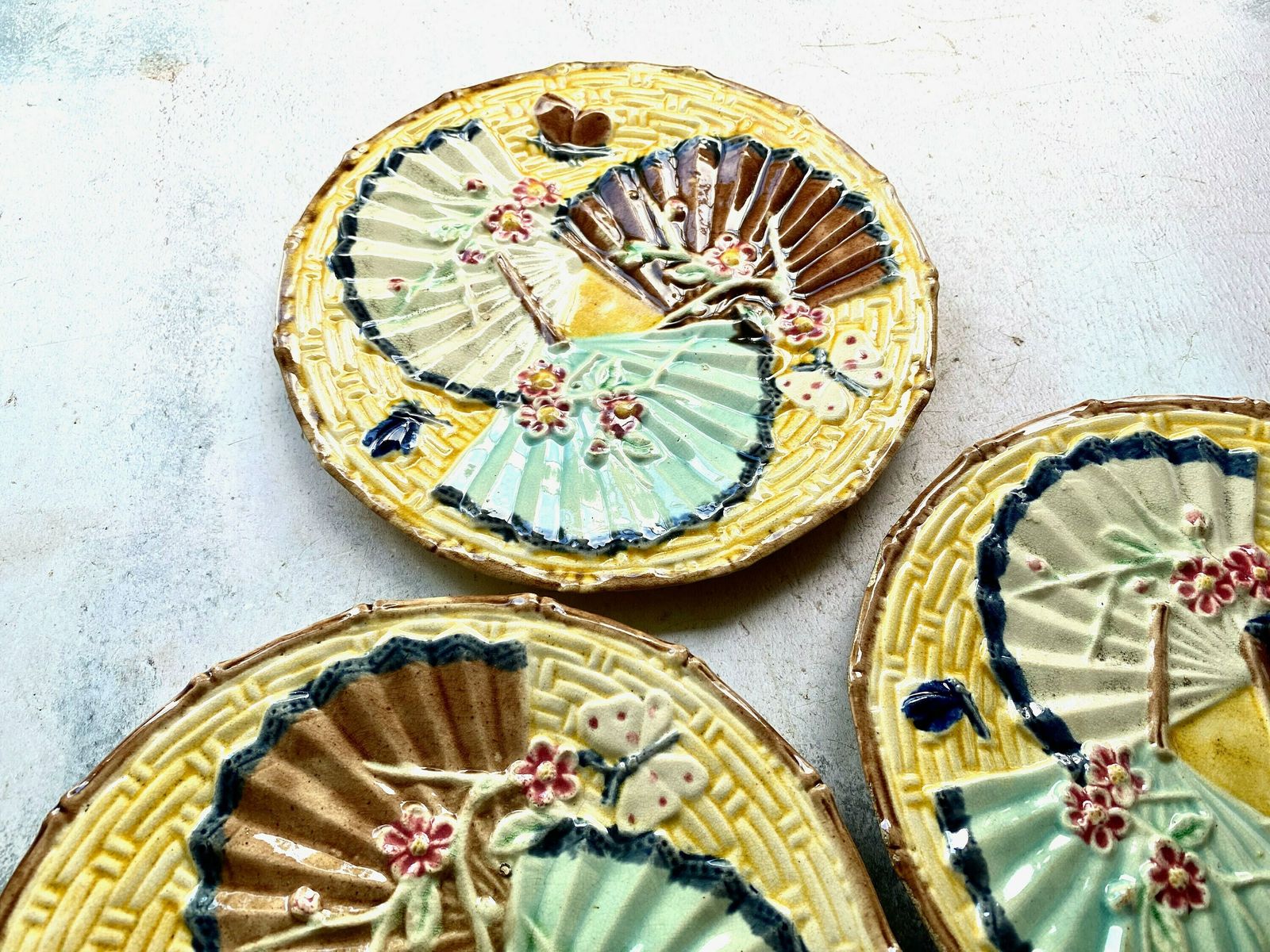 Trio Of Majolica Fans Butterflies Aesthetic Movement Plates Wedgwood photo furniture