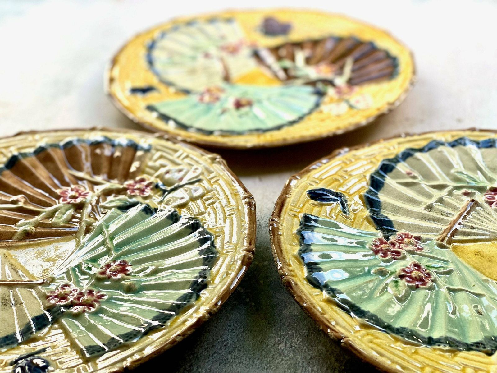 Trio Of Majolica Fans Butterflies Aesthetic Movement Plates Wedgwood photo for sale