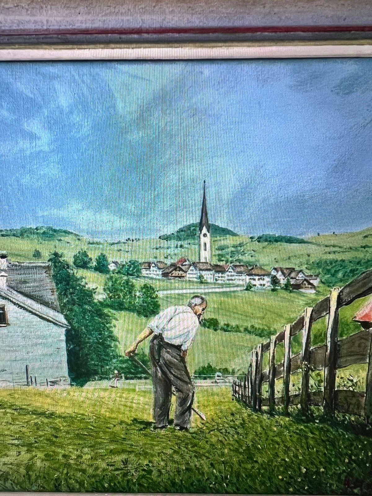 Original Framed Painting Of Swiss Village, Church And Farmer, Art From Switzerland, Farmer Portrait photo Art