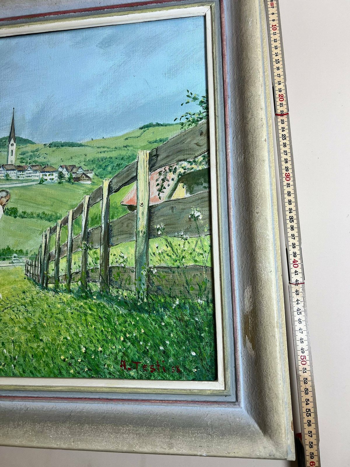 photo furniture Original Framed Painting Of Swiss Village, Church And Farmer, Art From Switzerland, Farmer Portrait