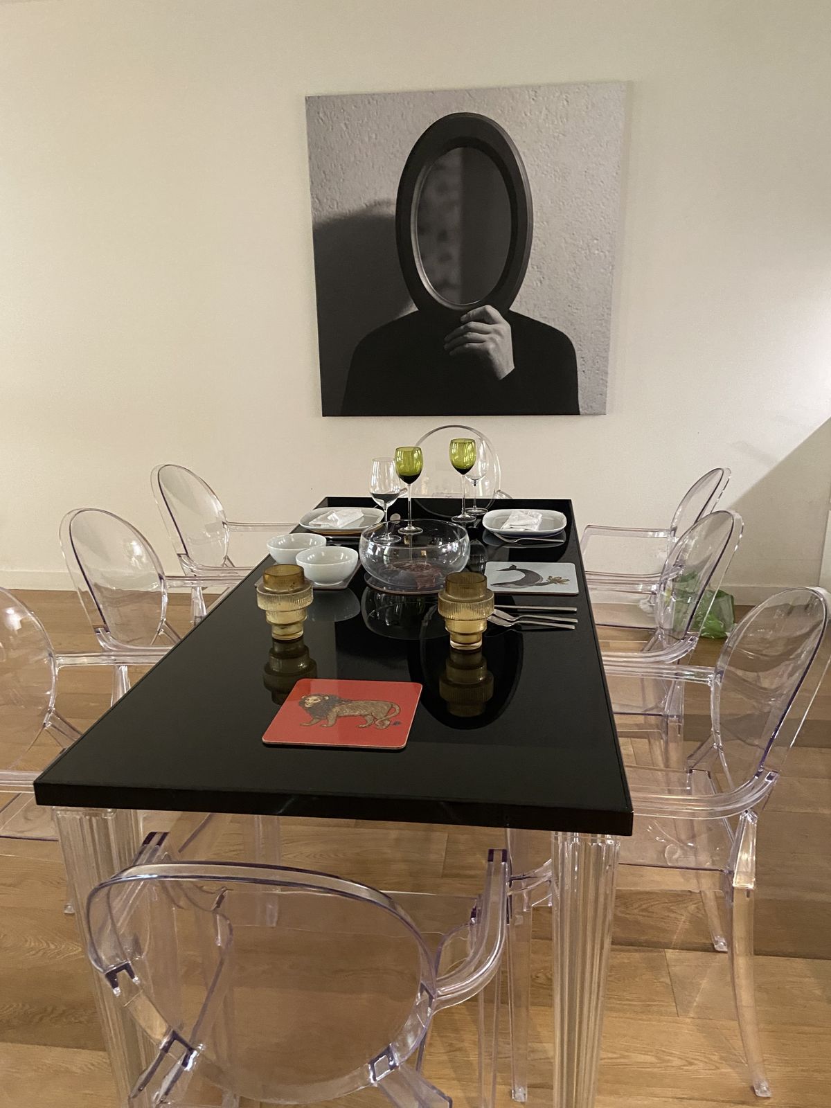 Kartell Top Top Glass Dining Table Large 190x90cm  Black With 8 Ghost Chairs photo for sale