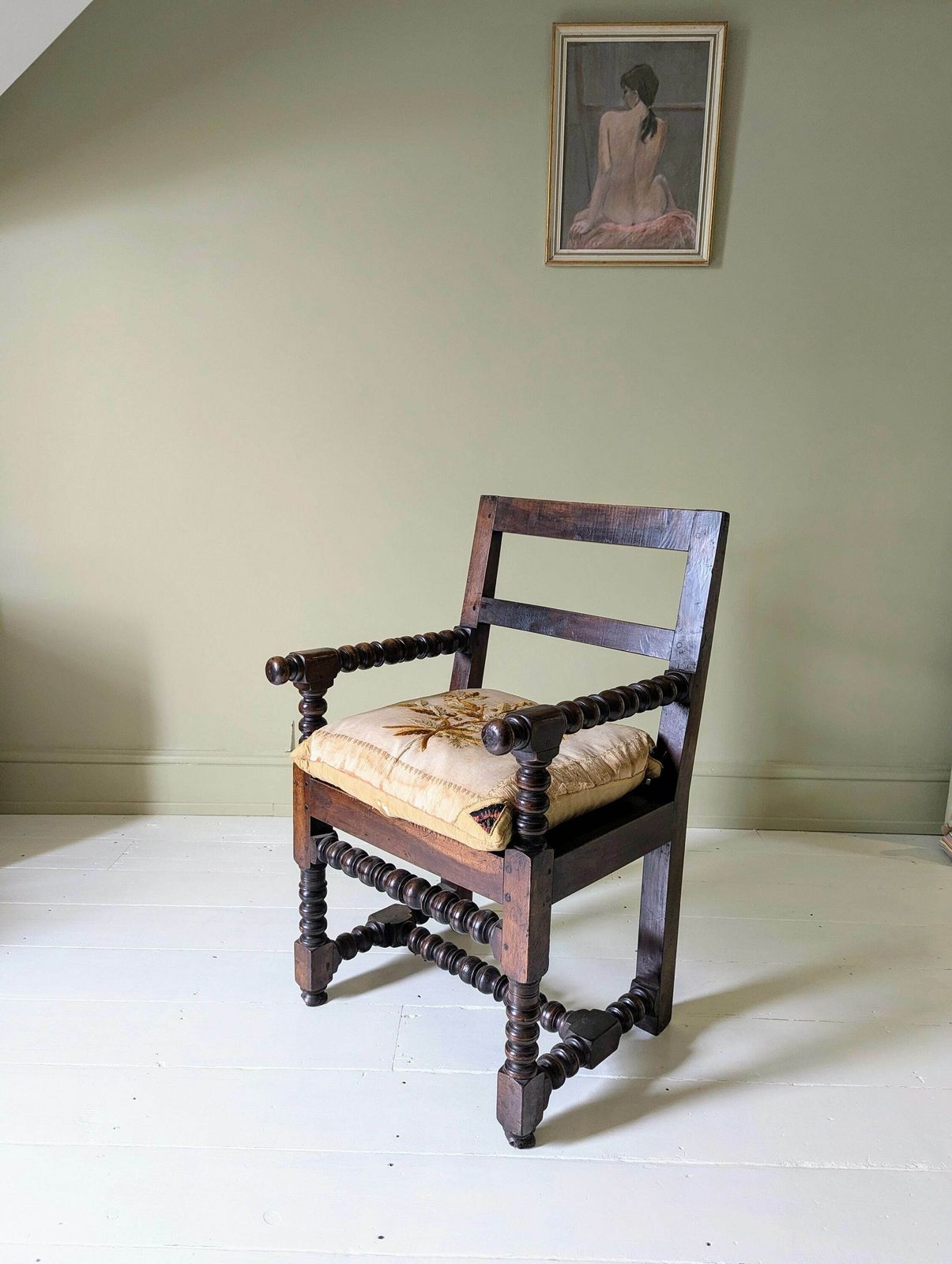 A Provincial French Antique Bobbin Carved Walnut Armchair With Cushion C1800 photo buy