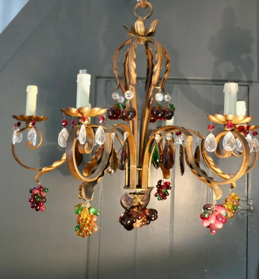 6 Branch Chandelier Hung With Coloured Crystal Fruits, Grapes, Apples And Pears