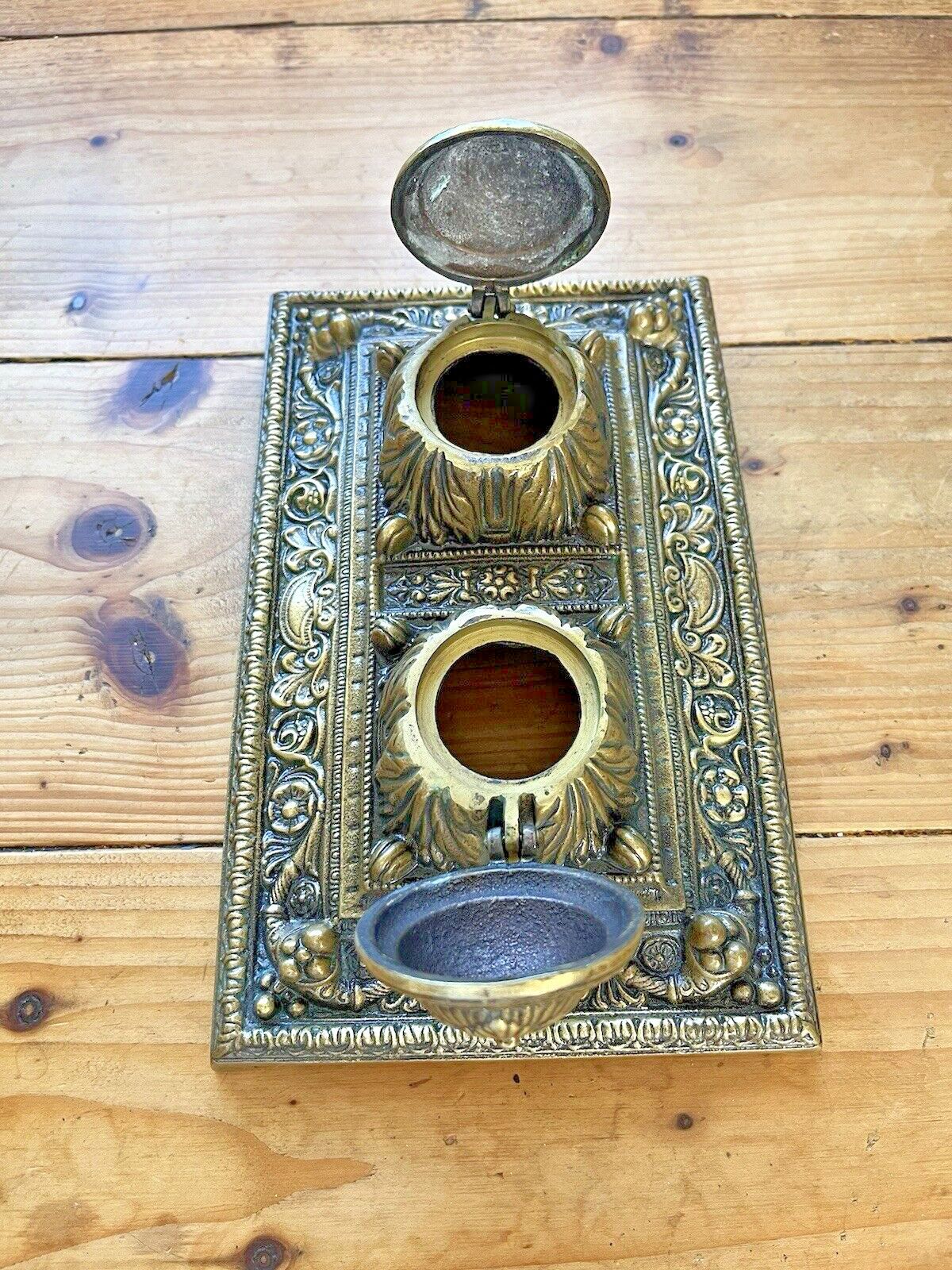 Quality Antique Heavy Brass Double Inkwell & Liners Office Desk Accessory Prop photo buy
