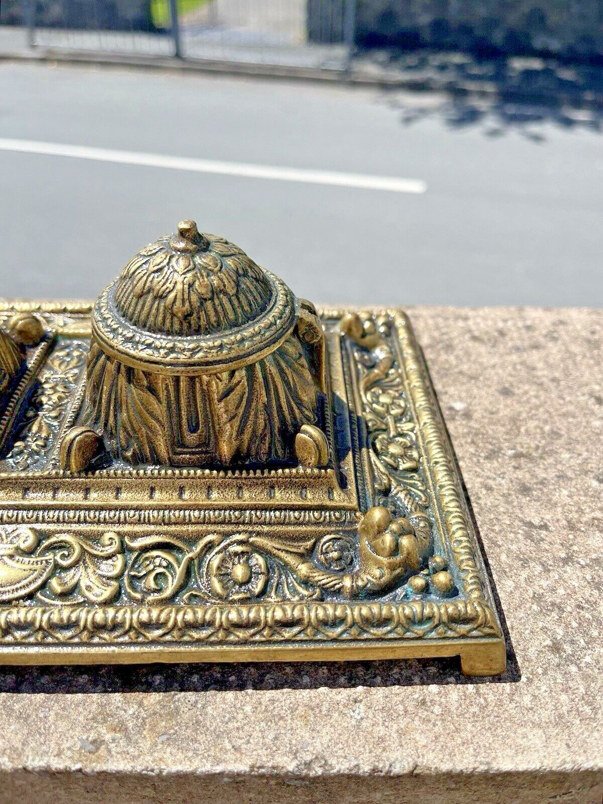 photo buy Quality Antique Heavy Brass Double Inkwell & Liners Office Desk Accessory Prop