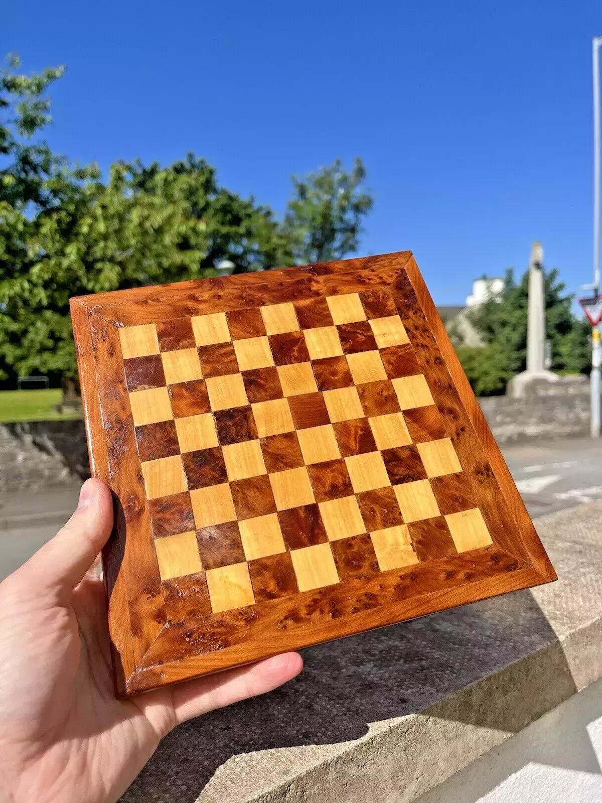 Small Vintage 8" X 8" Burr Walnut Wooden Chess Board Checkers Draughts Antique