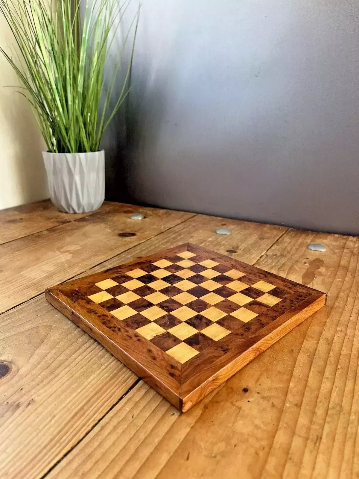 Small Vintage 8" X 8" Burr Walnut Wooden Chess Board Checkers Draughts Antique photo furniture
