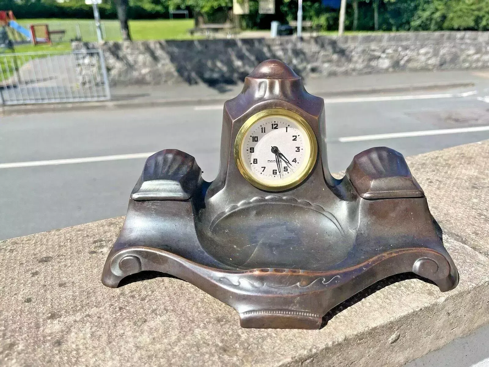 225.0 Art Nouveau Jugendstil Mercedes Desk Clock Garniature Inkwell Set Germany Metal photo