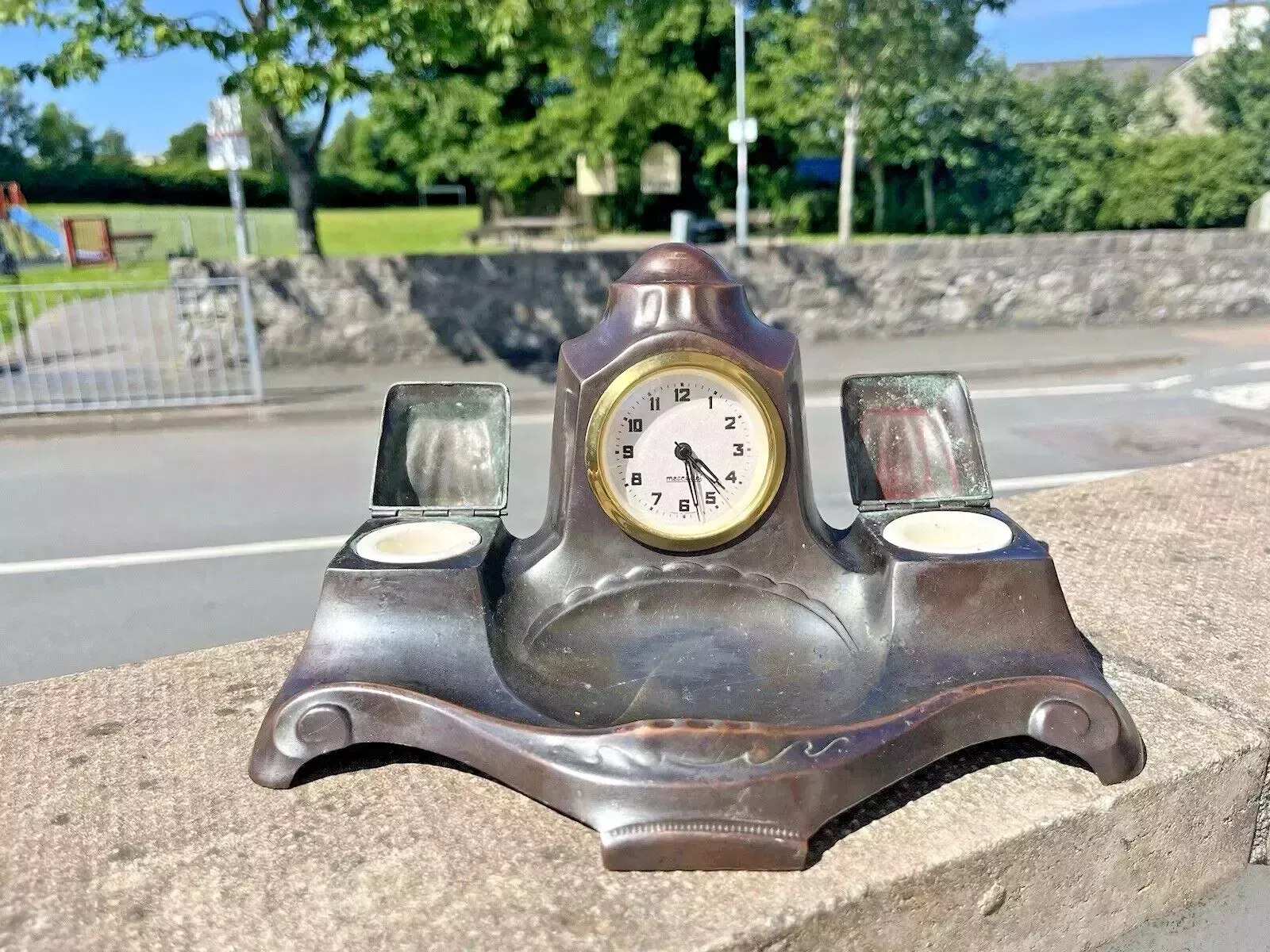 photo vinterior Art Nouveau Jugendstil Mercedes Desk Clock Garniature Inkwell Set Germany Metal
