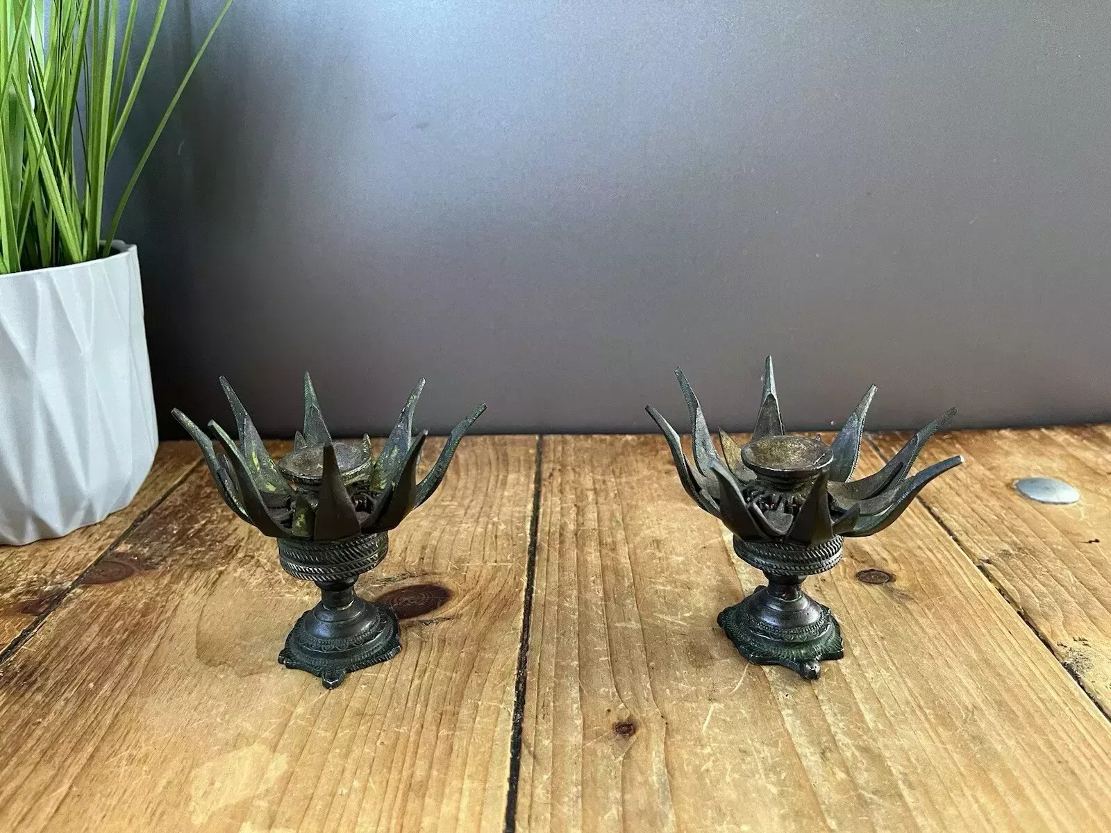 Pair Of Antique 19th C Burmese Bronze Lotus Flower Incense Burner Candle Holders photo 350.0