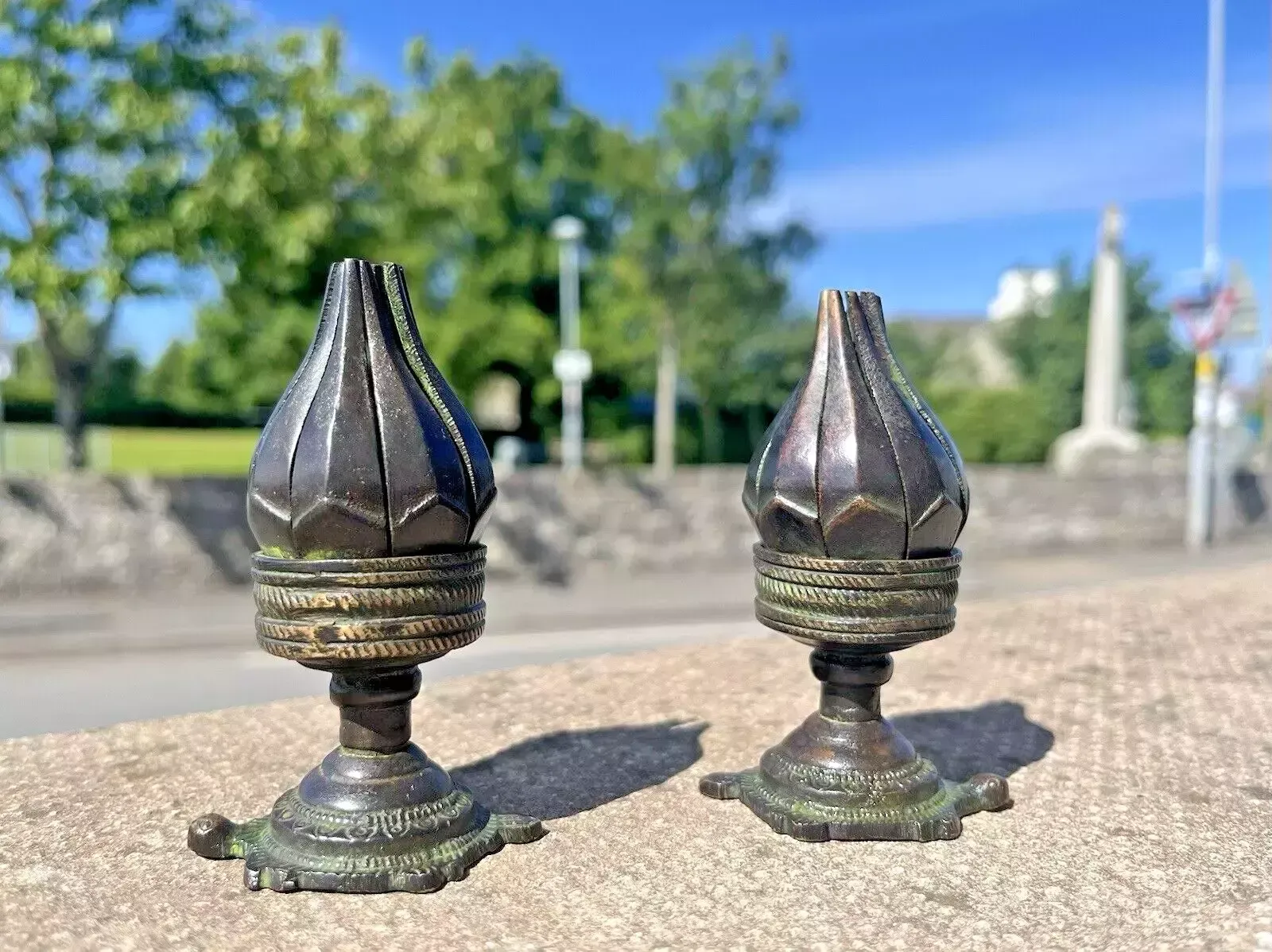 photo vinterior Pair Of Antique 19th C Burmese Bronze Lotus Flower Incense Burner Candle Holders