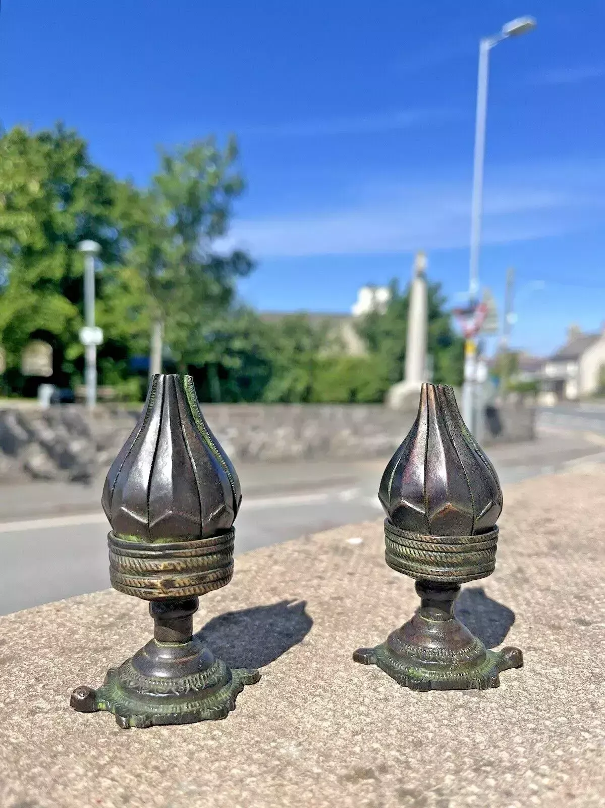 photo buy Pair Of Antique 19th C Burmese Bronze Lotus Flower Incense Burner Candle Holders
