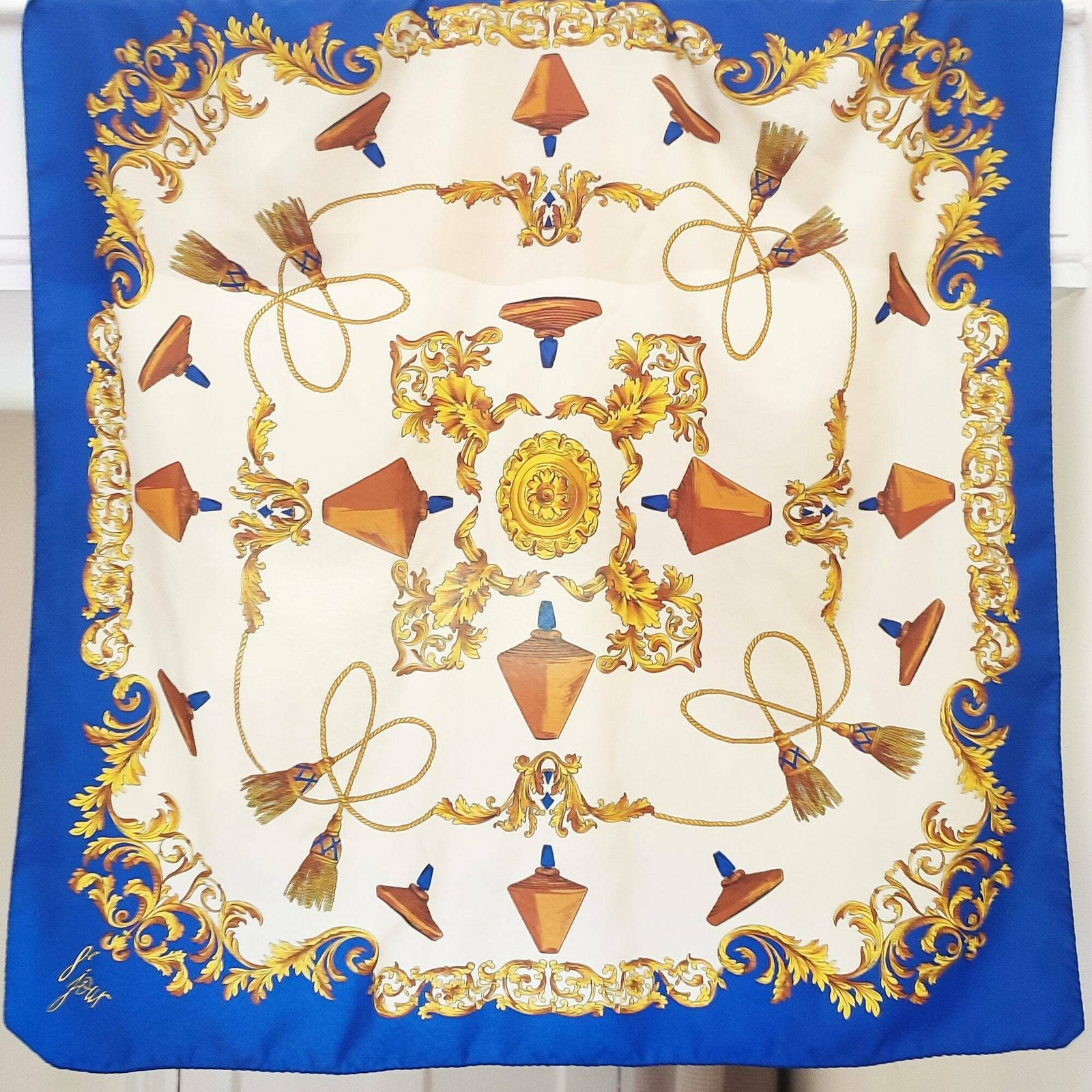 90's Rare Vintage Italian Scarf Inspired By The 8 Jour Fragrance By Yves Rocher   Made In Italy   Baroque Classical Gold Swag   Blue & Gold photo for sale