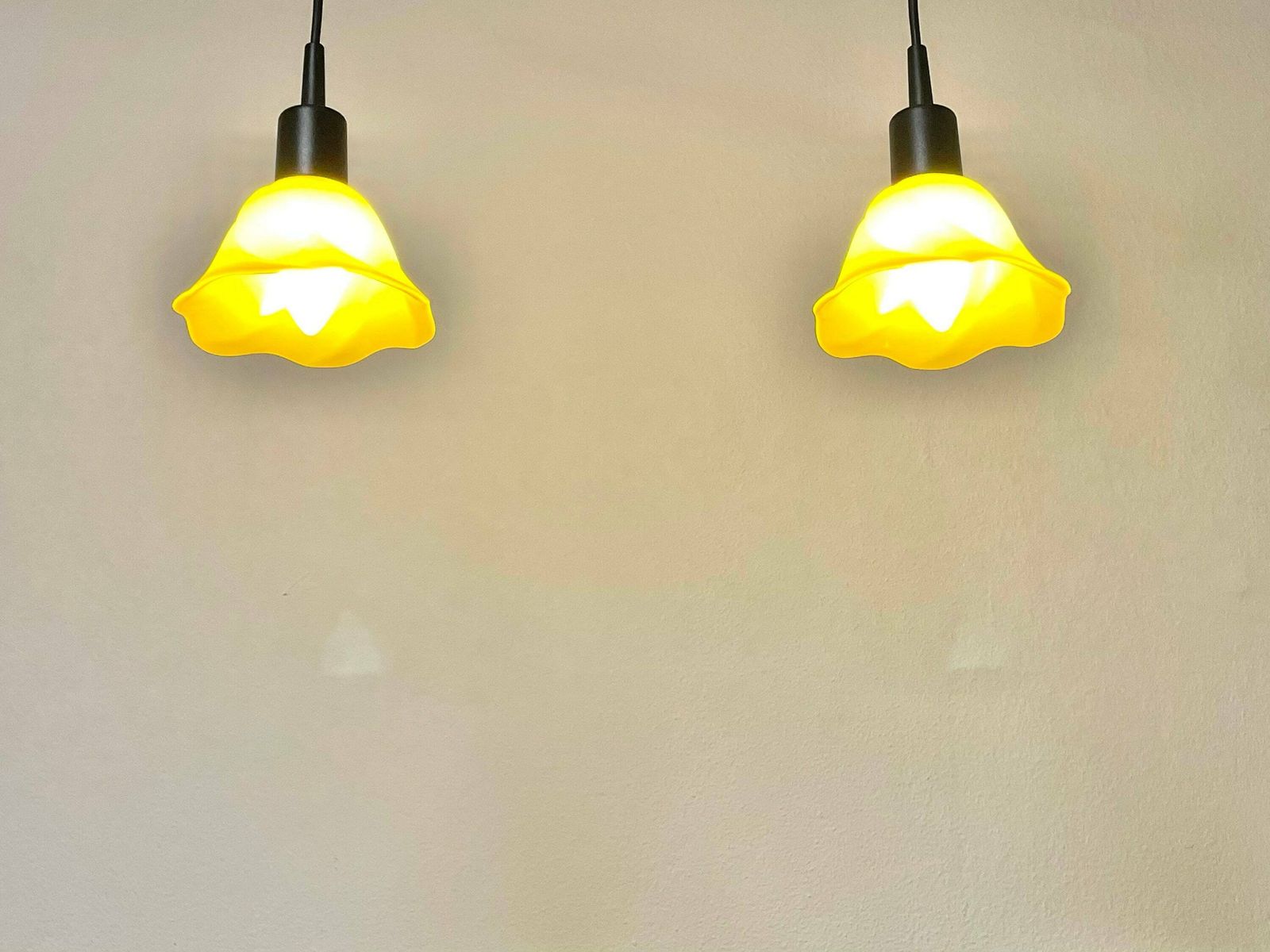 Pair Of Vintage Postmodern Yellow Glass Danish Design Minimalist Ceiling Lamps In Tulip Shape With Black Details photo furniture