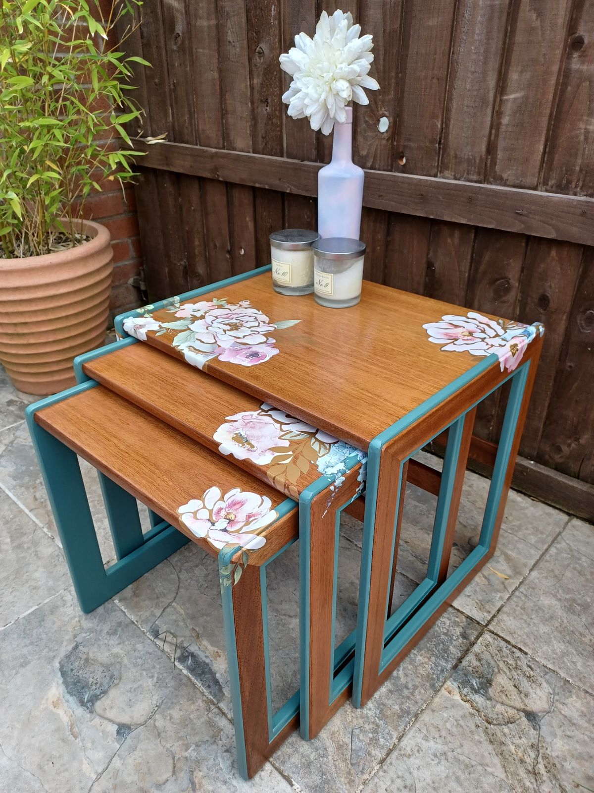 G Plan Nest Of Tables Upcycled Green And Natural Wood photo furniture
