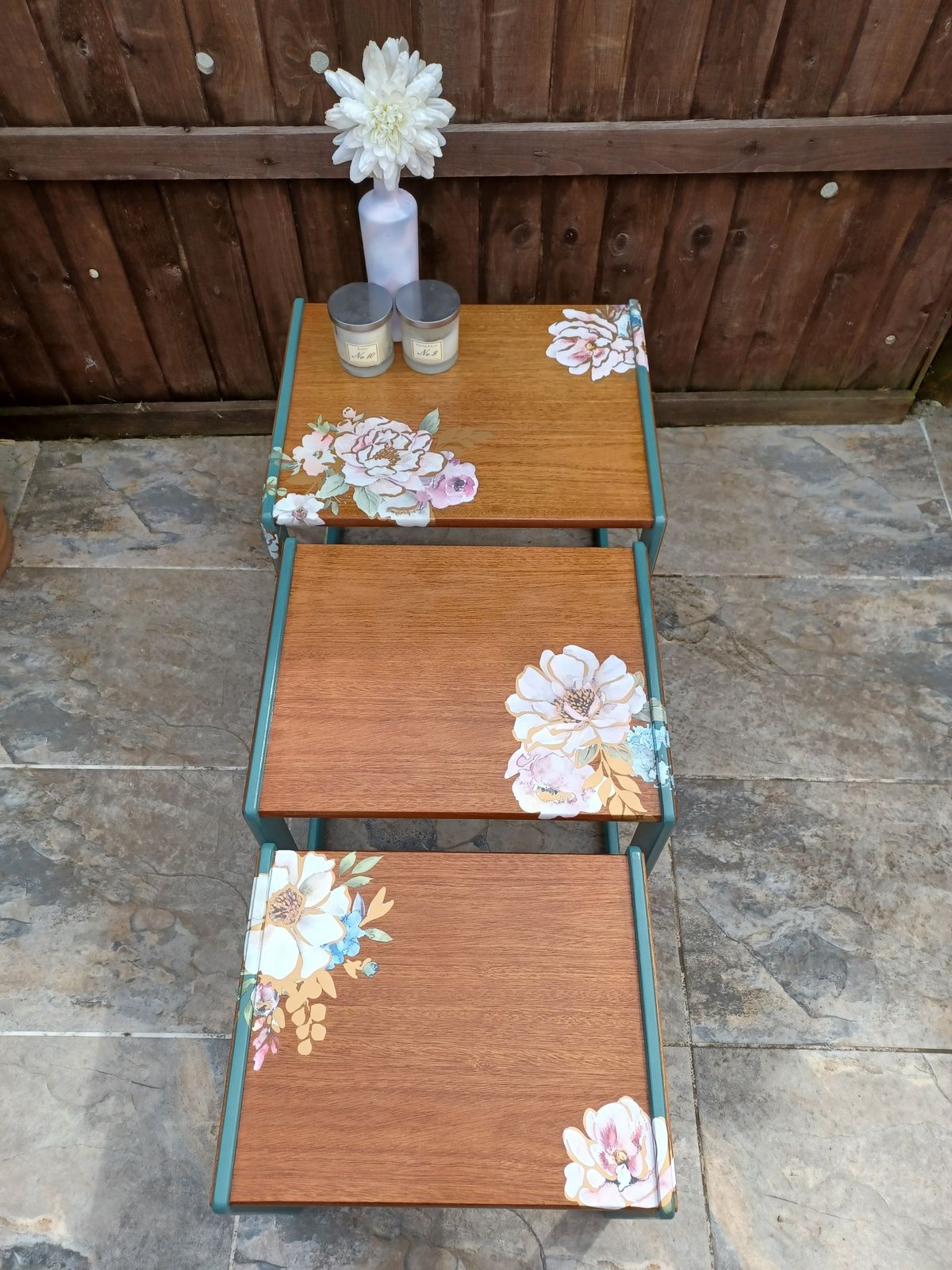 G Plan Nest Of Tables Upcycled Green And Natural Wood photo 345.0