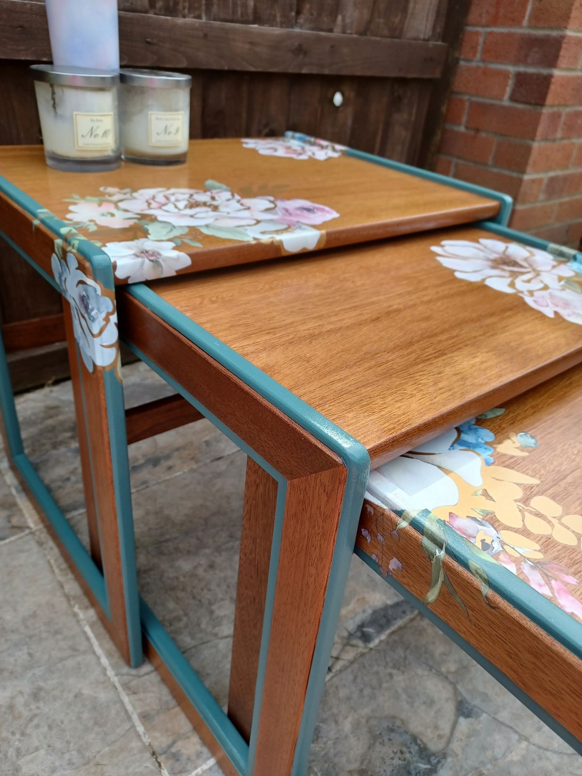 G Plan Nest Of Tables Upcycled Green And Natural Wood photo buy