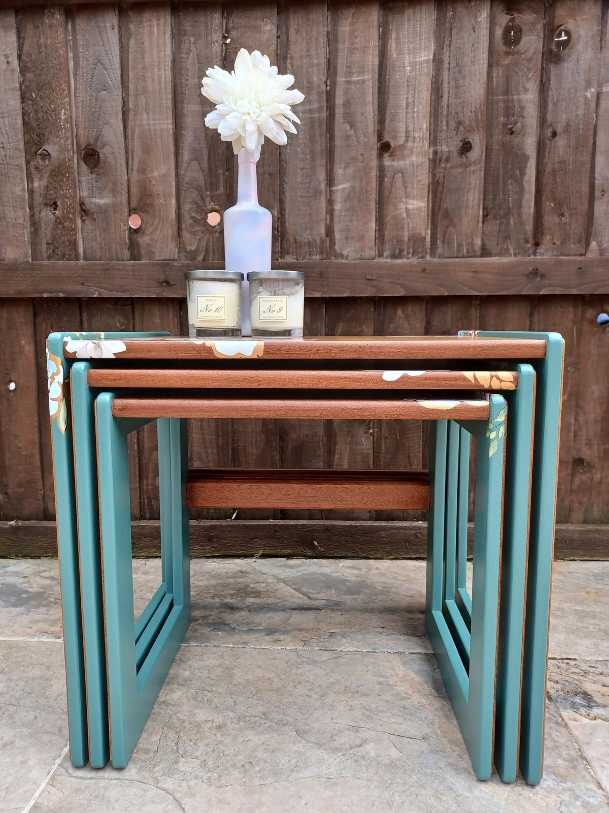G Plan Nest Of Tables Upcycled Green And Natural Wood photo vintage