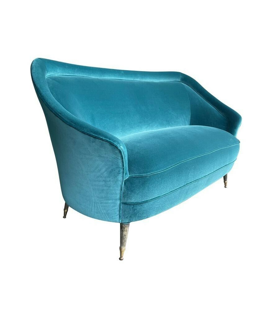 An Orignal Italian 1950s Two Seater Sofa With Curved Back, With Brass And Wooden Feet photo for sale