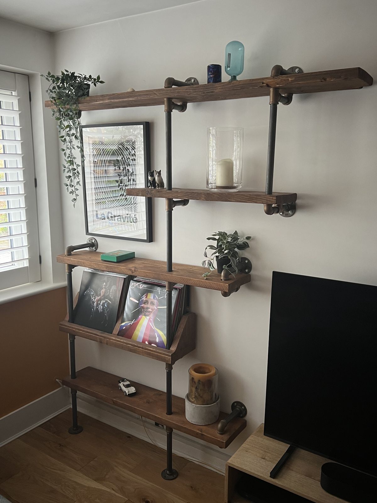 Reclaimed Scaffolding Boards And Steel Pipe Wall Mounted Shelving Unit With Vinyl Record Storage