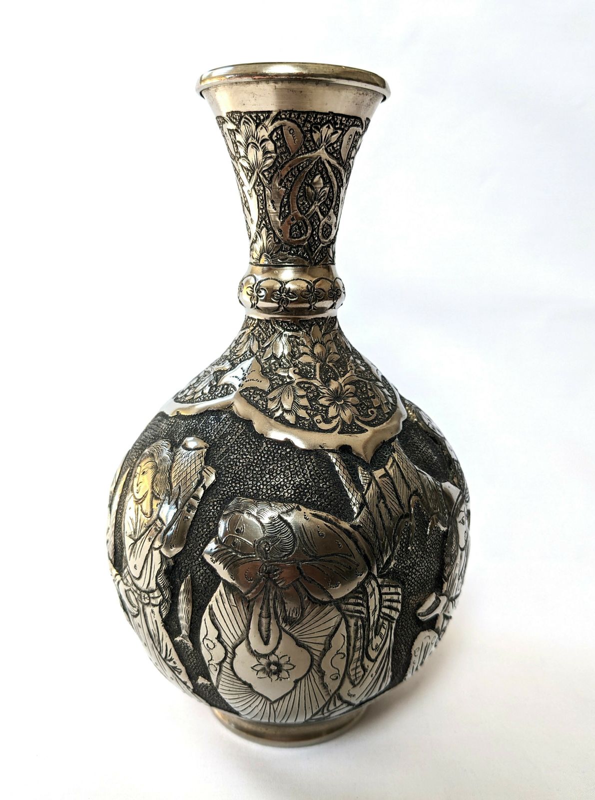 Vintage Islamic Ghalamzani Silver Vase With Deep Relief Carving photo furniture