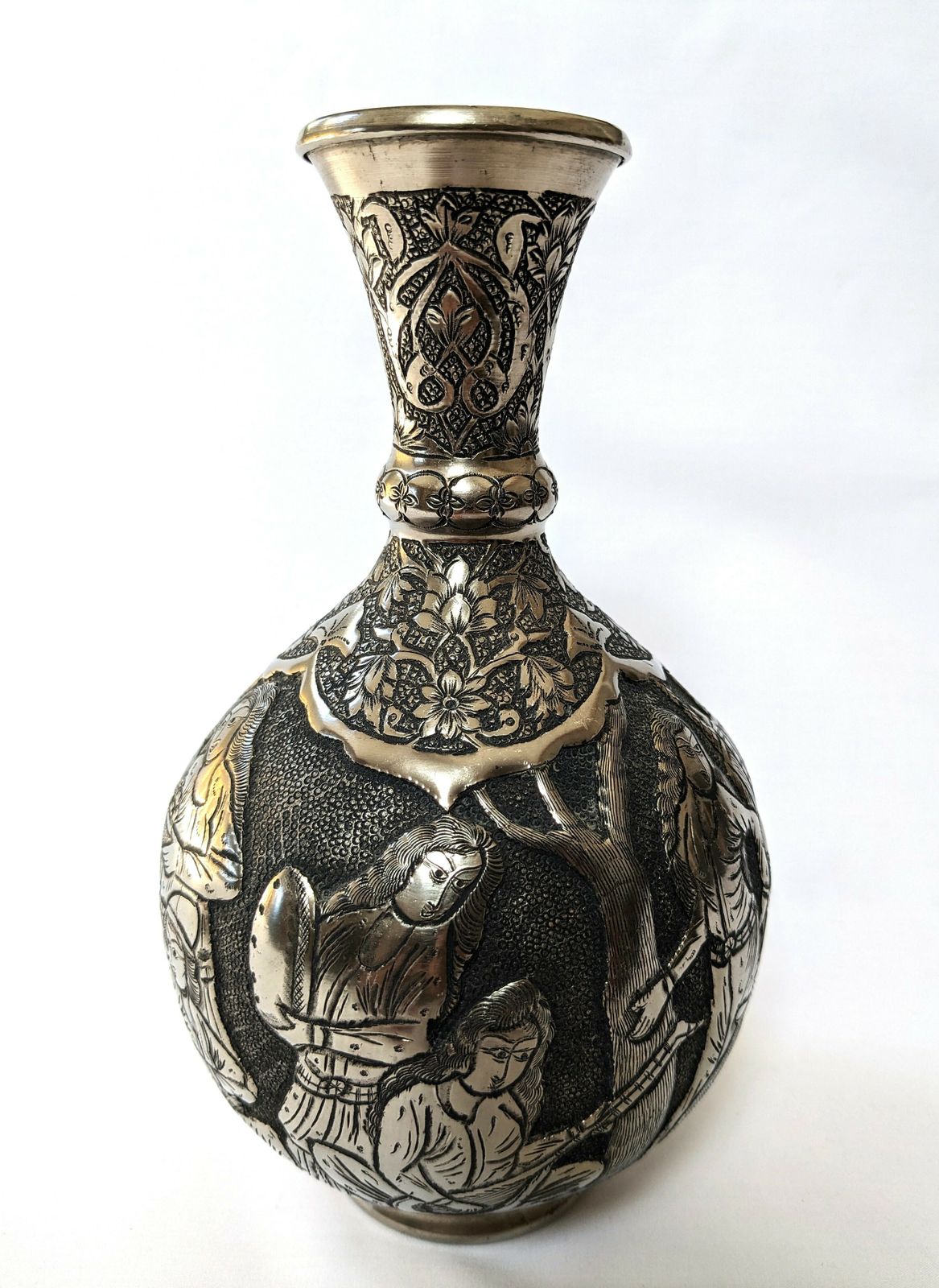 Vintage Islamic Ghalamzani Silver Vase With Deep Relief Carving photo 350.0