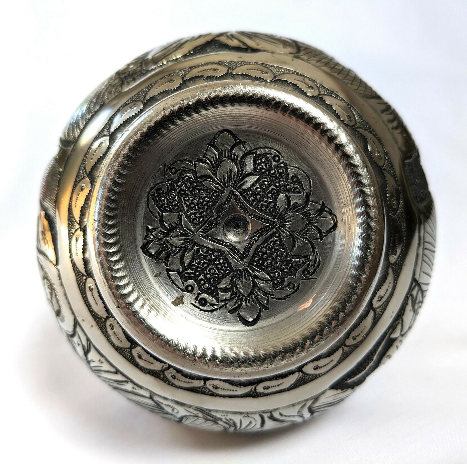 photo for sale Vintage Islamic Ghalamzani Silver Vase With Deep Relief Carving