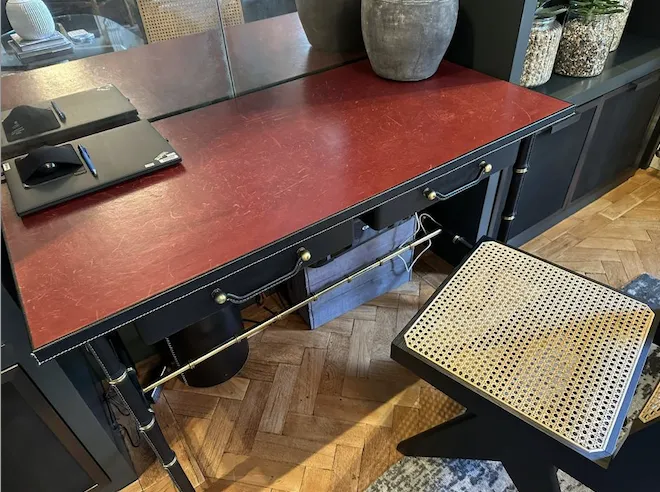 Jacques Adnet Style Leather Top Writing Desk With Bamboo Style Leather Wrapped Legs And Brass Details