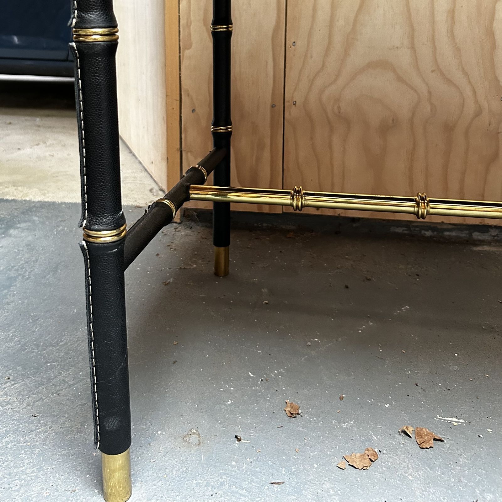 Jacques Adnet Style Leather Top Writing Desk With Bamboo Style Leather Wrapped Legs And Brass Details photo vinterior